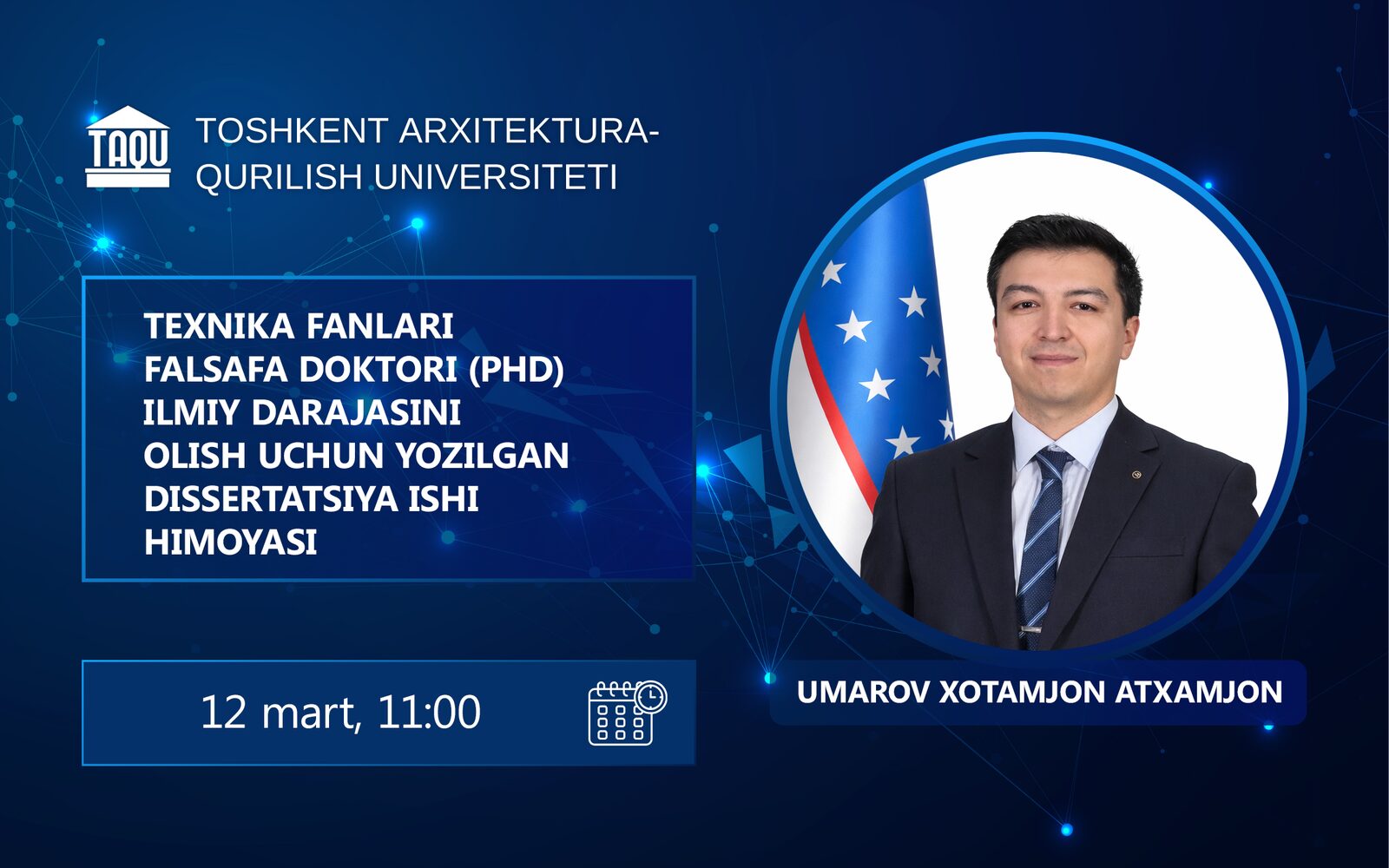 Umarov Xotamjon Atxamjon o’glining texnika fanlari falsafa doktori (PhD) dissertatsiya ishi himoyasi to‘g‘risida